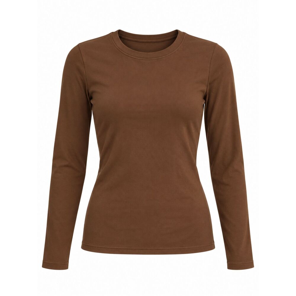 OQQ Brown Long Sleeve Seamless Ribbed Fitted Crew Neck Top Size S